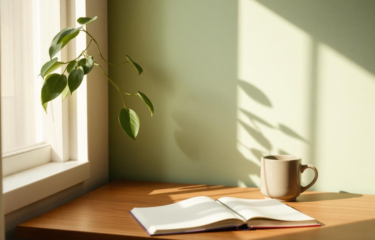 A quiet workspace with notebook and morning light — peer-written guidance on working with a hidden disability